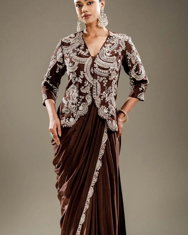 Brown Chinnon Silk Ready - to - Wear Jacket Saree | Embroidery & Sequin Work - Rosepetals Luxe
