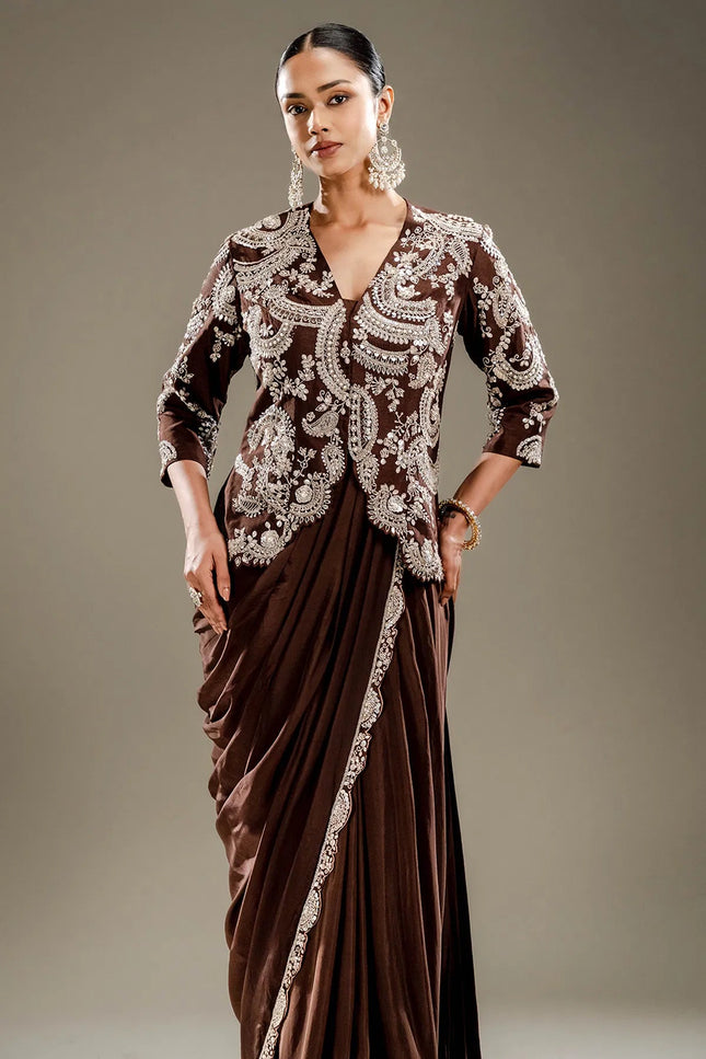 Brown Chinnon Silk Ready - to - Wear Jacket Saree | Embroidery & Sequin Work - Rosepetals Luxe