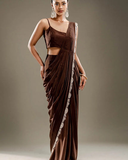 Brown Chinnon Silk Ready - to - Wear Jacket Saree | Embroidery & Sequin Work - Rosepetals Luxe