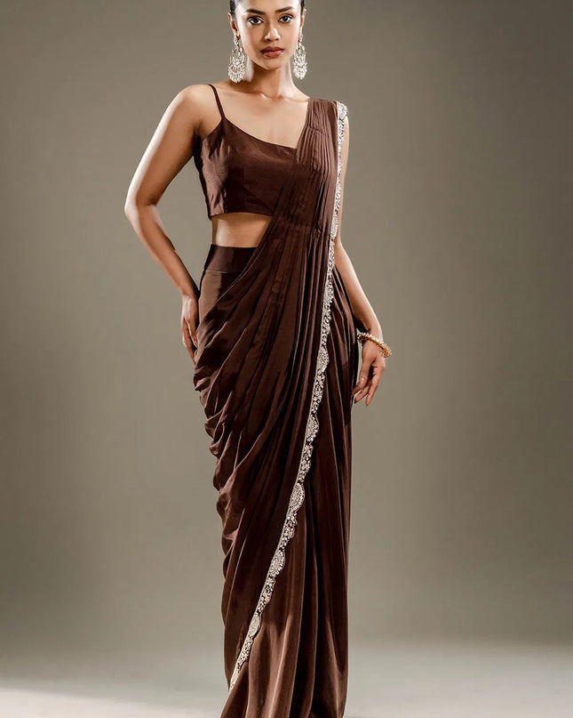 Brown Chinnon Silk Ready - to - Wear Jacket Saree | Embroidery & Sequin Work - Rosepetals Luxe