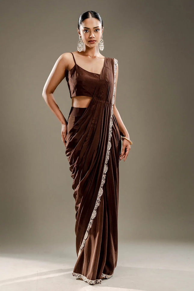 Brown Chinnon Silk Ready - to - Wear Jacket Saree | Embroidery & Sequin Work - Rosepetals Luxe