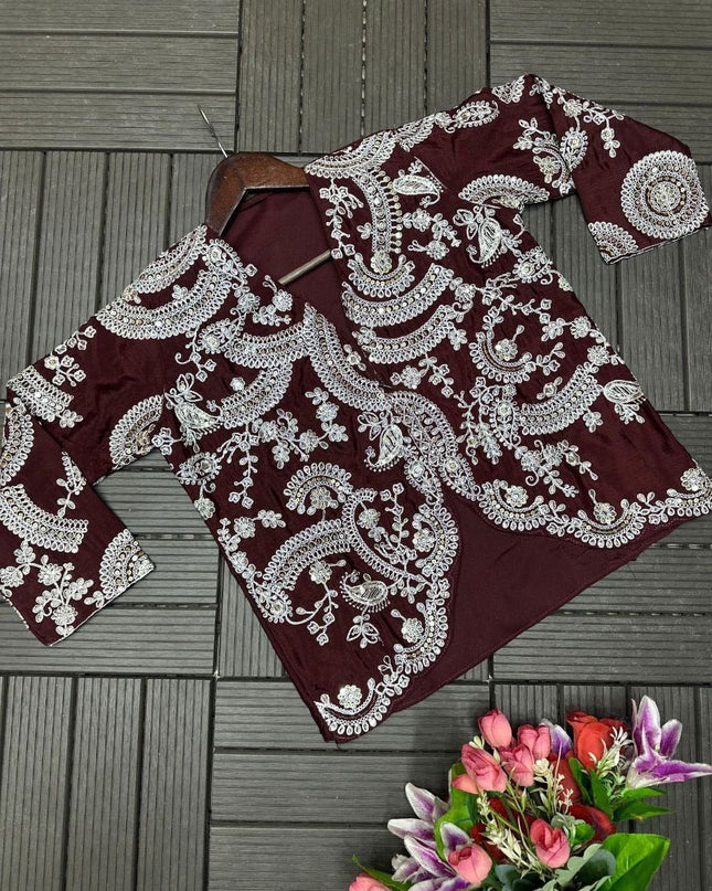 Brown Chinnon Silk Ready - to - Wear Jacket Saree | Embroidery & Sequin Work - Rosepetals Luxe