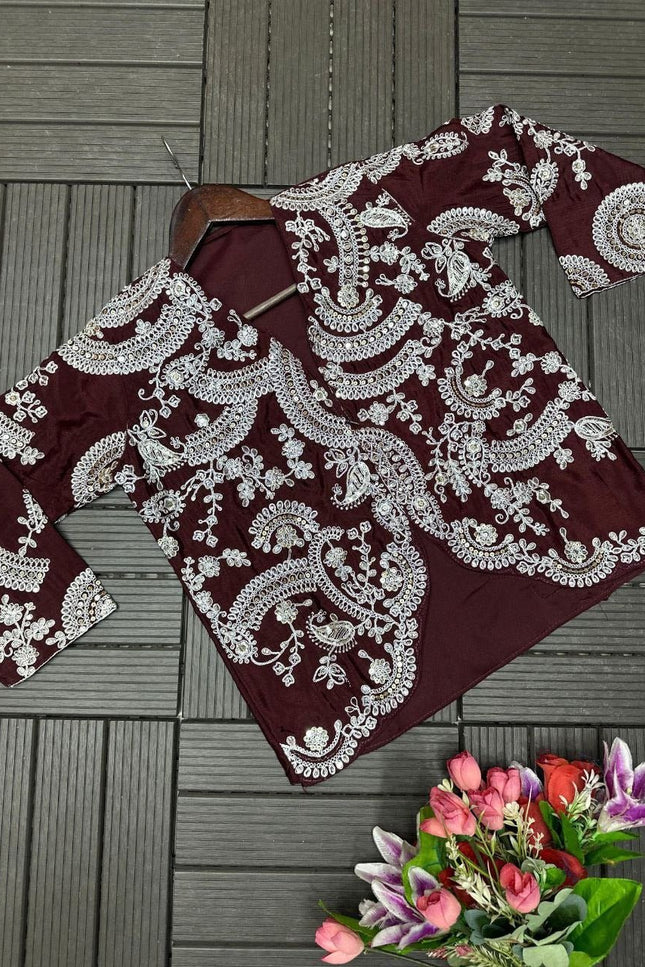 Brown Chinnon Silk Ready - to - Wear Jacket Saree | Embroidery & Sequin Work - Rosepetals Luxe