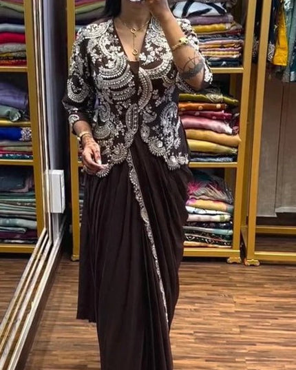 Brown Chinnon Silk Ready - to - Wear Jacket Saree | Embroidery & Sequin Work - Rosepetals Luxe
