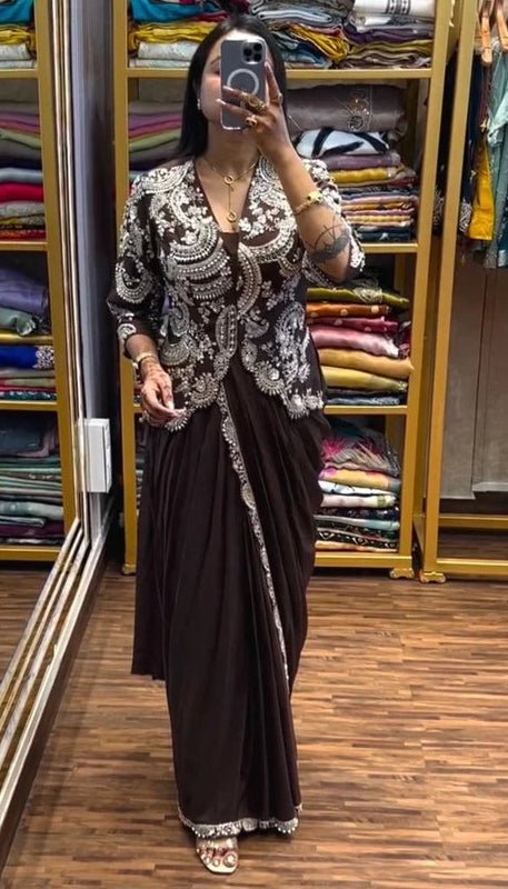 Brown Chinnon Silk Ready - to - Wear Jacket Saree | Embroidery & Sequin Work - Rosepetals Luxe