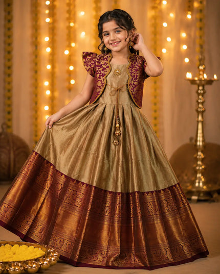 Kids Festive Lichi Silk Zari Weaving Designer Gown for Girls Full Stitched Ethnic Party Wear Dress
