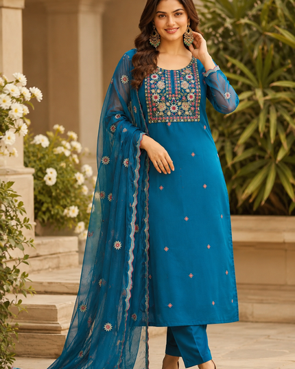 Women’s Heavy Rayon Embroidered Kurta Pant Set with Chiffon Embroidered Dupatta