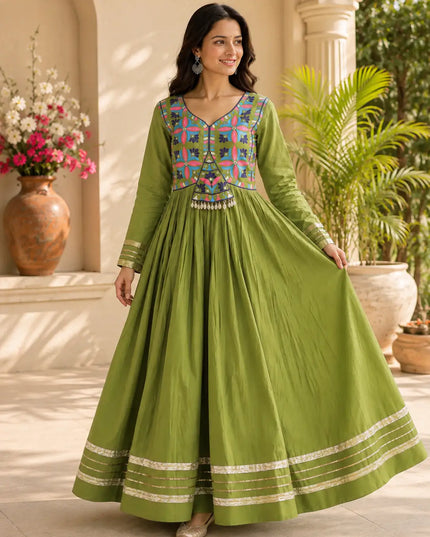 Kora Cotton Embroidered Flared Gown with Real Mirror, Gota Patti and Codi Lace Work