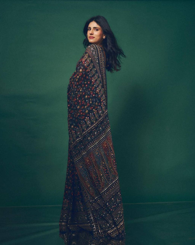 Georgette Saree with Sequins & Diamond Work – Side View | Rosepetals Luxe"