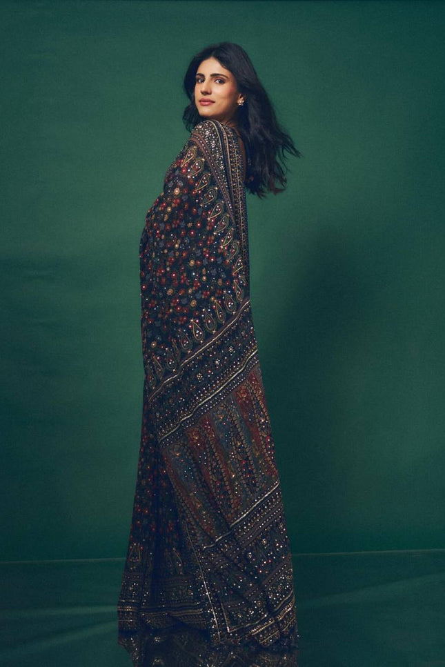Georgette Saree with Sequins & Diamond Work – Side View | Rosepetals Luxe"