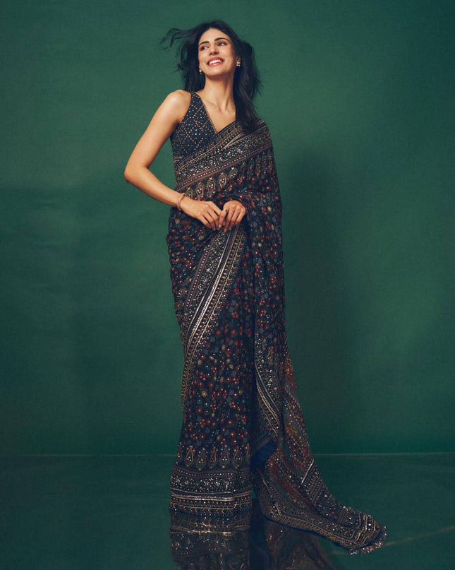 Celebrity Saree with Diamond Work – Full Look | Rosepetals Luxe
