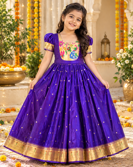 Kids Traditional Paithani Gown with Zari Weaving Work and Heavy Crepe Lining