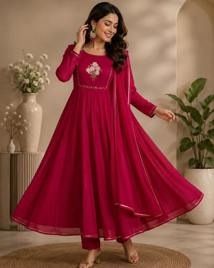 Chanderi Cotton Gown Set with Pant & Dupatta | Gota Patti 3-Piece Ethnic Wear | Rosepetals Luxe - Rosepetals Luxe