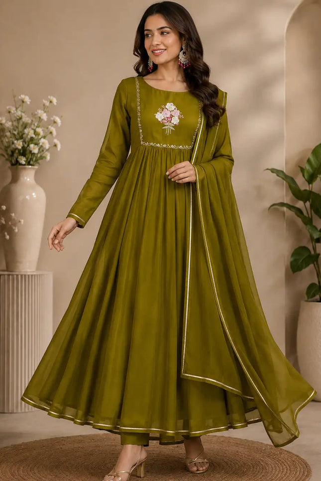 Chanderi Cotton Gown Set with Pant & Dupatta | Gota Patti 3-Piece Ethnic Wear | Rosepetals Luxe - Rosepetals Luxe
