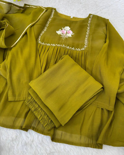 Chanderi Cotton Gown Set with Pant & Dupatta | Gota Patti 3-Piece Ethnic Wear | Rosepetals Luxe - Rosepetals Luxe