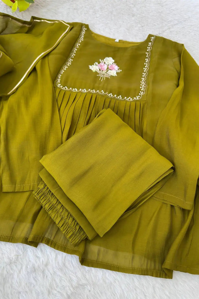 Chanderi Cotton Gown Set with Pant & Dupatta | Gota Patti 3-Piece Ethnic Wear | Rosepetals Luxe - Rosepetals Luxe