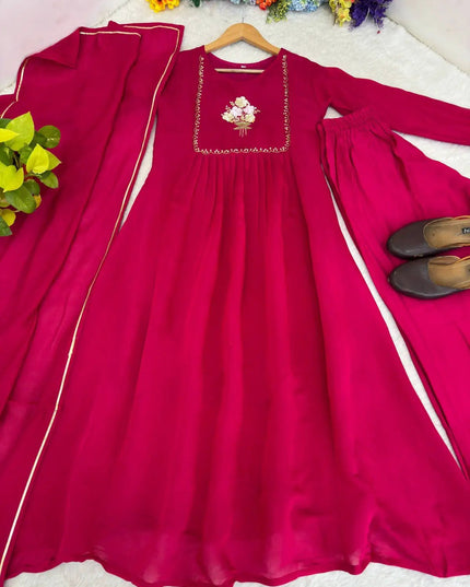 Chanderi Cotton Gown Set with Pant & Dupatta | Gota Patti 3-Piece Ethnic Wear | Rosepetals Luxe - Rosepetals Luxe