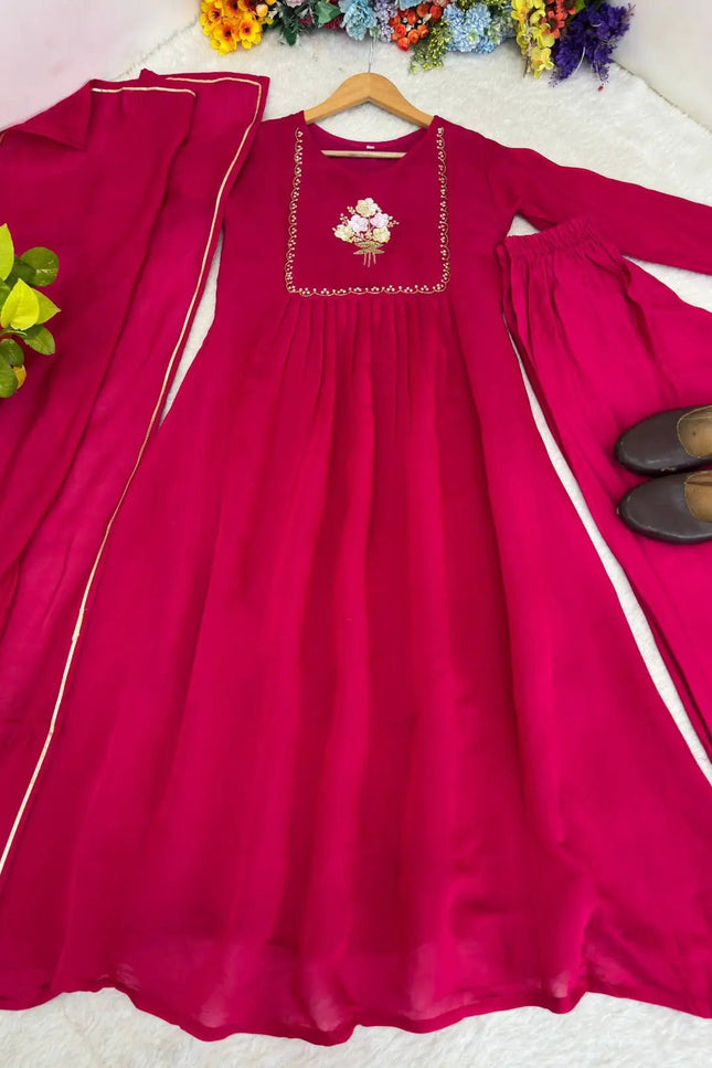 Chanderi Cotton Gown Set with Pant & Dupatta | Gota Patti 3-Piece Ethnic Wear | Rosepetals Luxe - Rosepetals Luxe