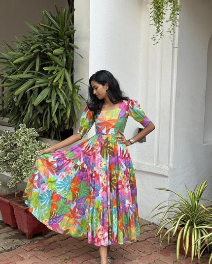 Chanderi Cotton Maxi Dress | Floral Embroidery | Pockets | Rosepetals Luxe - Rosepetals Luxe