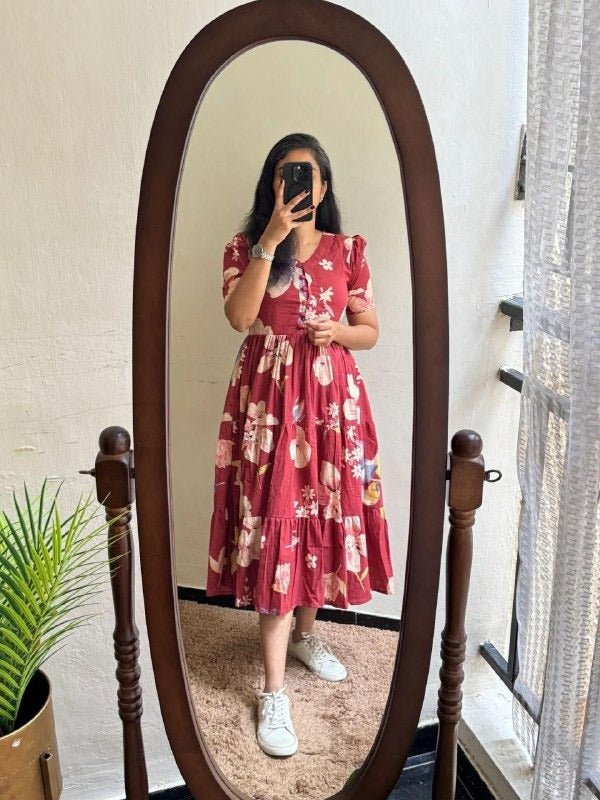 Chanderi Cotton Maxi Dress | Floral Embroidery | Pockets | Rosepetals Luxe - Rosepetals Luxe