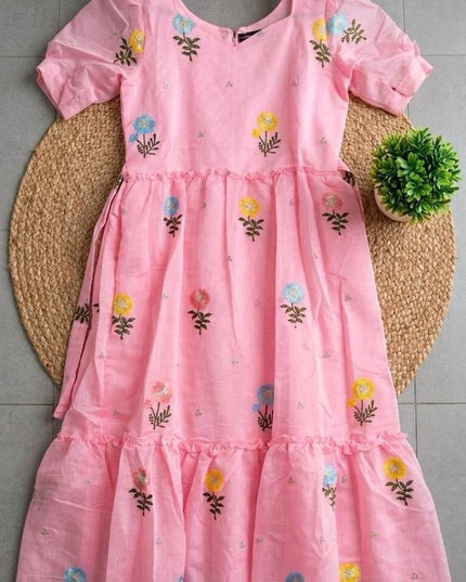 Chanderi Cotton Maxi Dress | Floral Embroidery | Short Sleeve | Waist Knot & Pocket | Baby Pink - Rosepetals Luxe