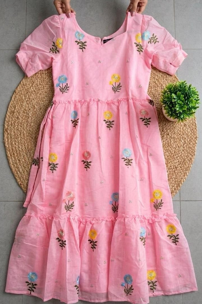Chanderi Cotton Maxi Dress | Floral Embroidery | Short Sleeve | Waist Knot & Pocket | Baby Pink - Rosepetals Luxe