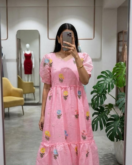 Chanderi Cotton Maxi Dress | Floral Embroidery | Short Sleeve | Waist Knot & Pocket | Baby Pink - Rosepetals Luxe