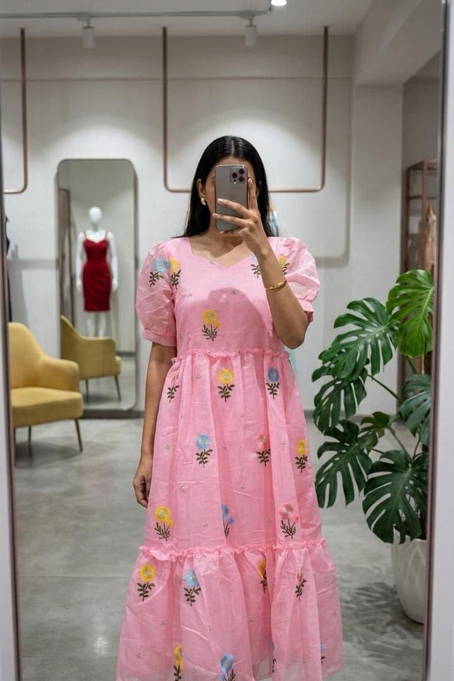 Chanderi Cotton Maxi Dress | Floral Embroidery | Short Sleeve | Waist Knot & Pocket | Baby Pink - Rosepetals Luxe