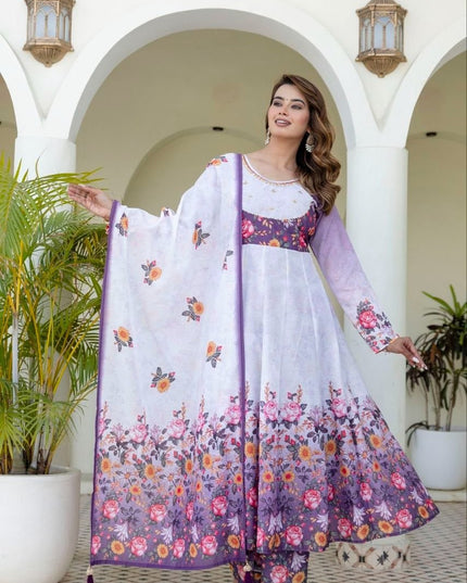Chanderi Digital Print & Hand Work Gown Set | Palazzo & Dupatta | Festive 3-Piece | Rosepetals Luxe - Rosepetals Luxe
