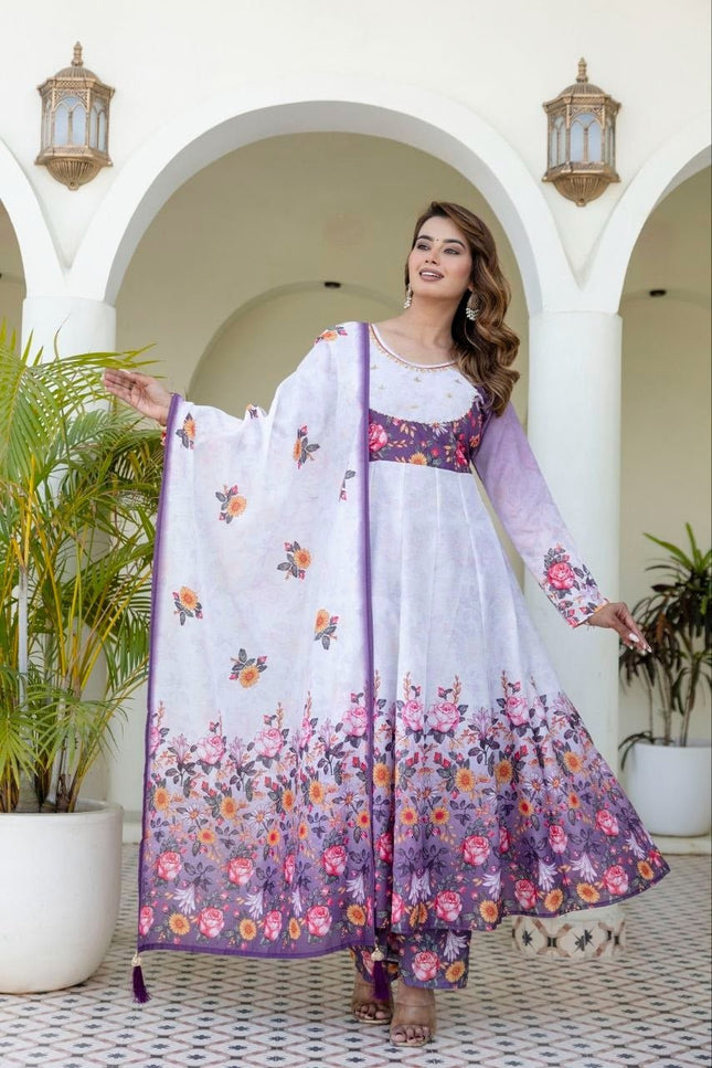 Chanderi Digital Print & Hand Work Gown Set | Palazzo & Dupatta | Festive 3-Piece | Rosepetals Luxe - Rosepetals Luxe
