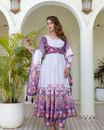 Chanderi Digital Print & Hand Work Gown Set | Palazzo & Dupatta | Festive 3-Piece | Rosepetals Luxe - Rosepetals Luxe