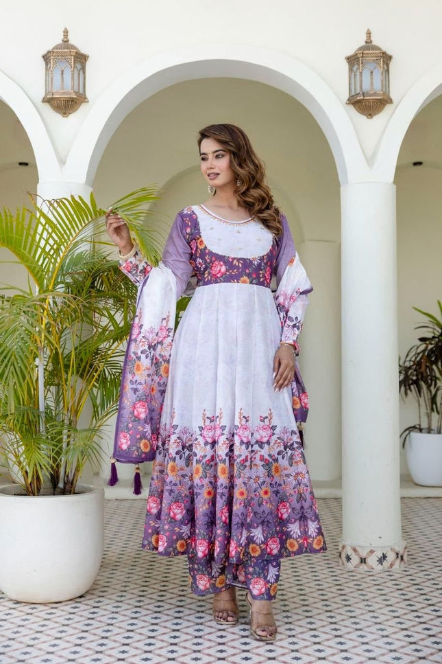 Chanderi Digital Print & Hand Work Gown Set | Palazzo & Dupatta | Festive 3-Piece | Rosepetals Luxe - Rosepetals Luxe