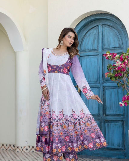 Chanderi Digital Print & Hand Work Gown Set | Palazzo & Dupatta | Festive 3-Piece | Rosepetals Luxe - Rosepetals Luxe