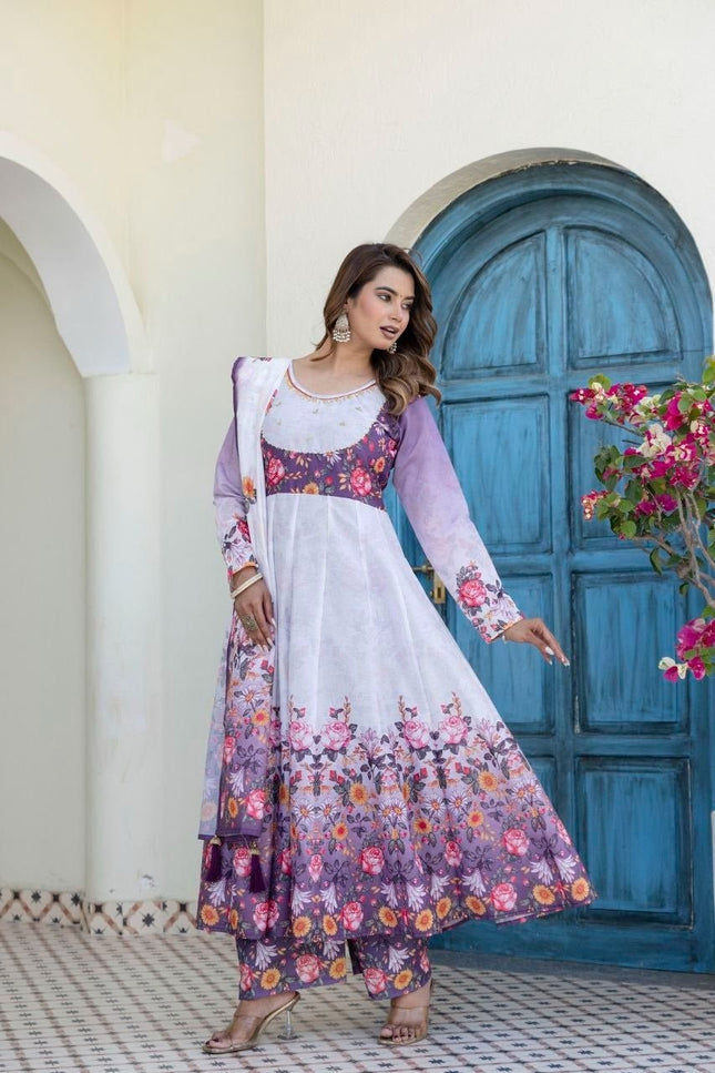 Chanderi Digital Print & Hand Work Gown Set | Palazzo & Dupatta | Festive 3-Piece | Rosepetals Luxe - Rosepetals Luxe