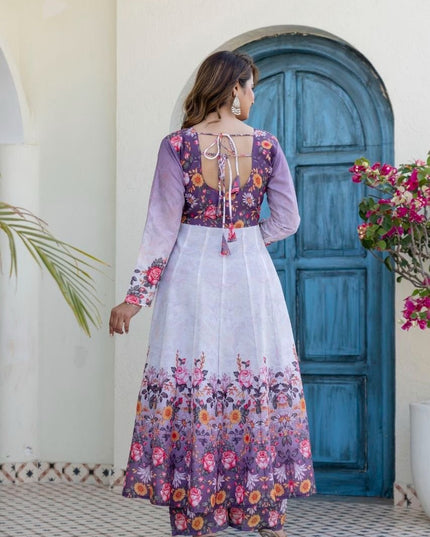 Chanderi Digital Print & Hand Work Gown Set | Palazzo & Dupatta | Festive 3-Piece | Rosepetals Luxe - Rosepetals Luxe
