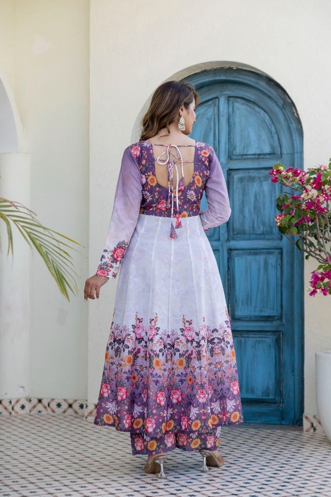 Chanderi Digital Print & Hand Work Gown Set | Palazzo & Dupatta | Festive 3-Piece | Rosepetals Luxe - Rosepetals Luxe