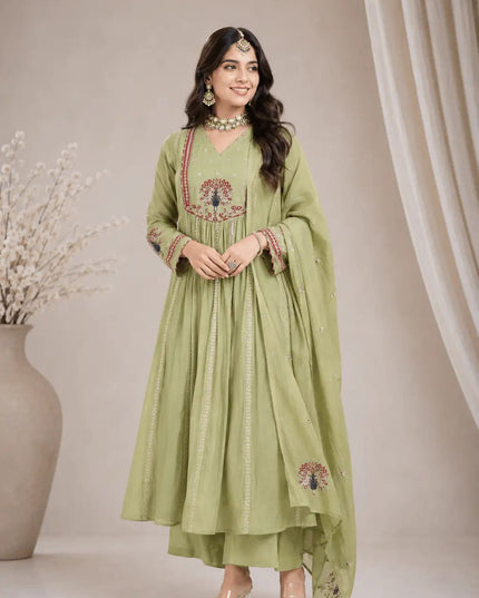 Chanderi Embroidered Anarkali Suit Set with Dupatta | Festive Ethnic Wear for Women - Rosepetals Luxe