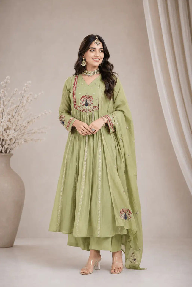 Chanderi Embroidered Anarkali Suit Set with Dupatta | Festive Ethnic Wear for Women - Rosepetals Luxe