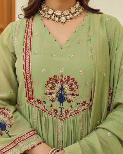 Chanderi Embroidered Anarkali Suit Set with Dupatta | Festive Ethnic Wear for Women - Rosepetals Luxe