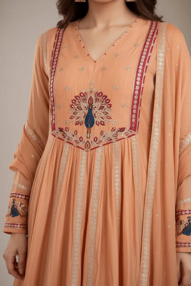 Chanderi Embroidered Anarkali Suit Set with Dupatta | Festive Ethnic Wear for Women - Rosepetals Luxe