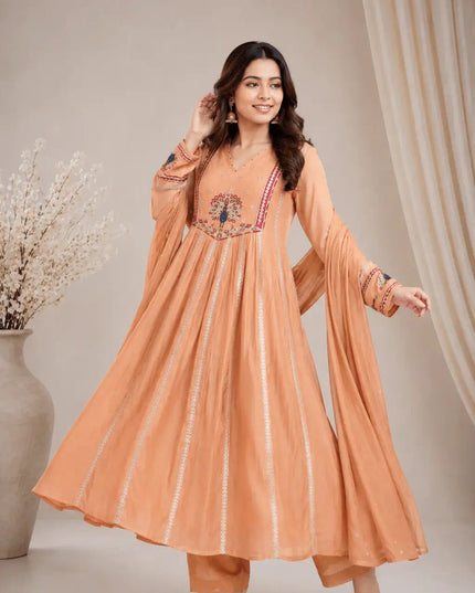Chanderi Embroidered Anarkali Suit Set with Dupatta | Festive Ethnic Wear for Women - Rosepetals Luxe