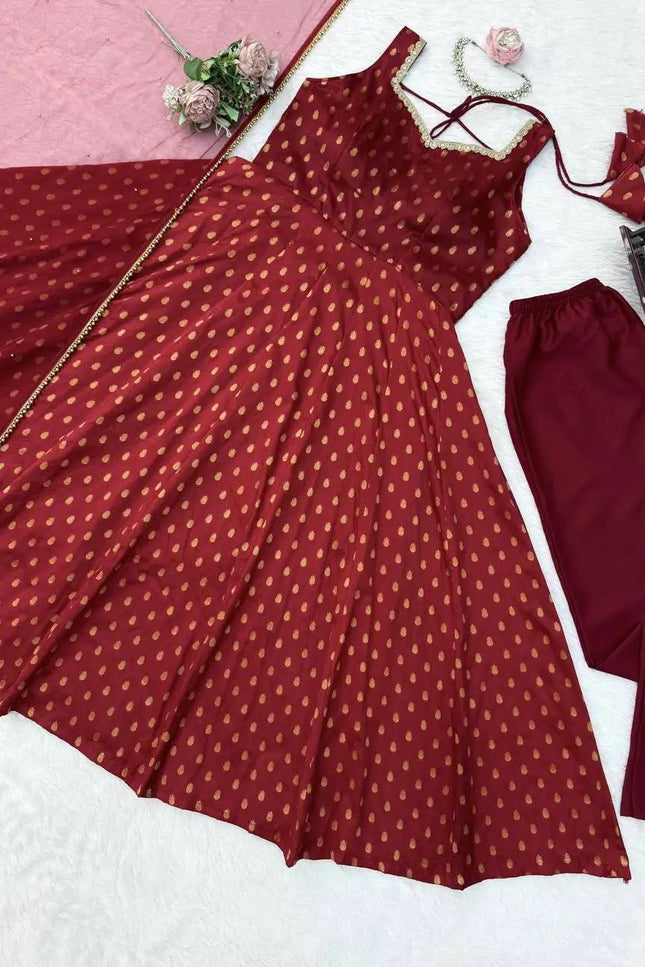 Chanderi Jacquard Butti Anarkali Set | Fancy Lace & Pearl Dupatta | Festive 3-Piece - Rosepetals Luxe