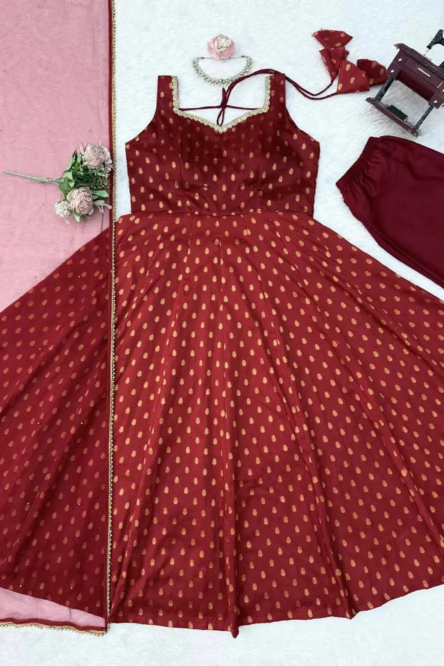 Chanderi Jacquard Butti Anarkali Set | Fancy Lace & Pearl Dupatta | Festive 3-Piece - Rosepetals Luxe