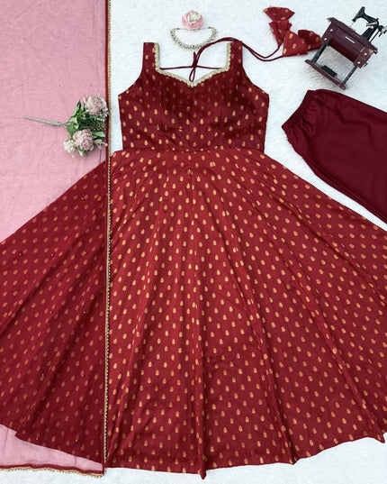 Chanderi Jacquard Butti Anarkali Set | Fancy Lace & Pearl Dupatta | Festive 3-Piece - Rosepetals Luxe