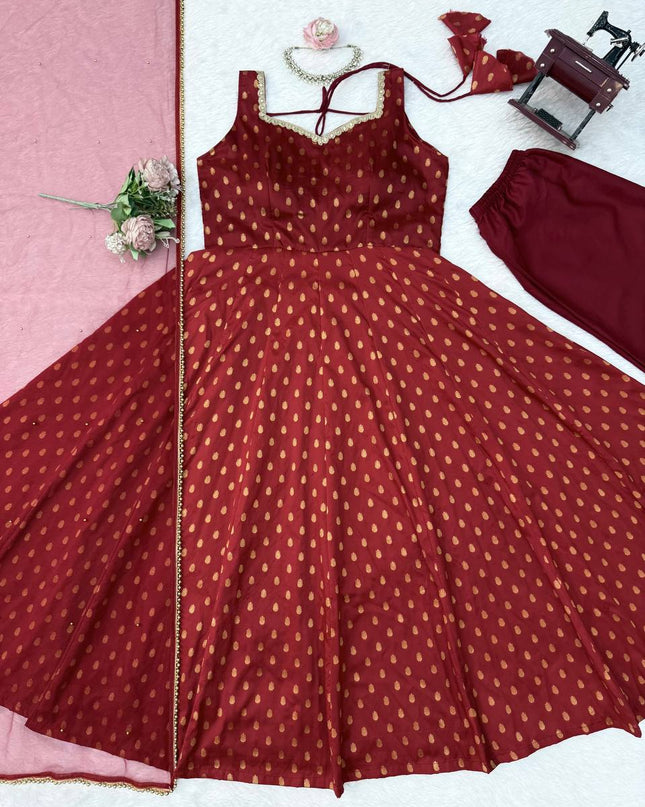 Chanderi Jacquard Butti Anarkali Set | Fancy Lace & Pearl Dupatta | Festive 3-Piece - Rosepetals Luxe