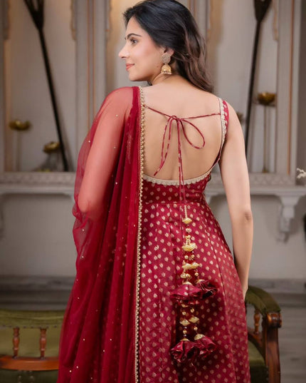 Chanderi Jacquard Butti Anarkali Set | Fancy Lace & Pearl Dupatta | Festive 3-Piece - Rosepetals Luxe