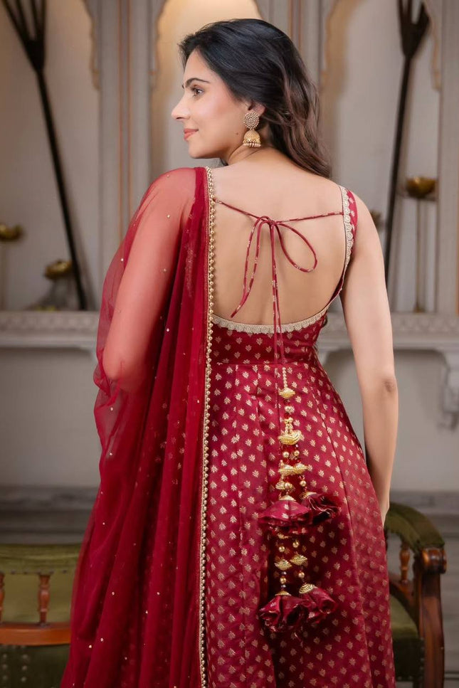 Chanderi Jacquard Butti Anarkali Set | Fancy Lace & Pearl Dupatta | Festive 3-Piece - Rosepetals Luxe