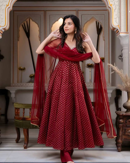 Chanderi Jacquard Butti Anarkali Set | Fancy Lace & Pearl Dupatta | Festive 3-Piece - Rosepetals Luxe