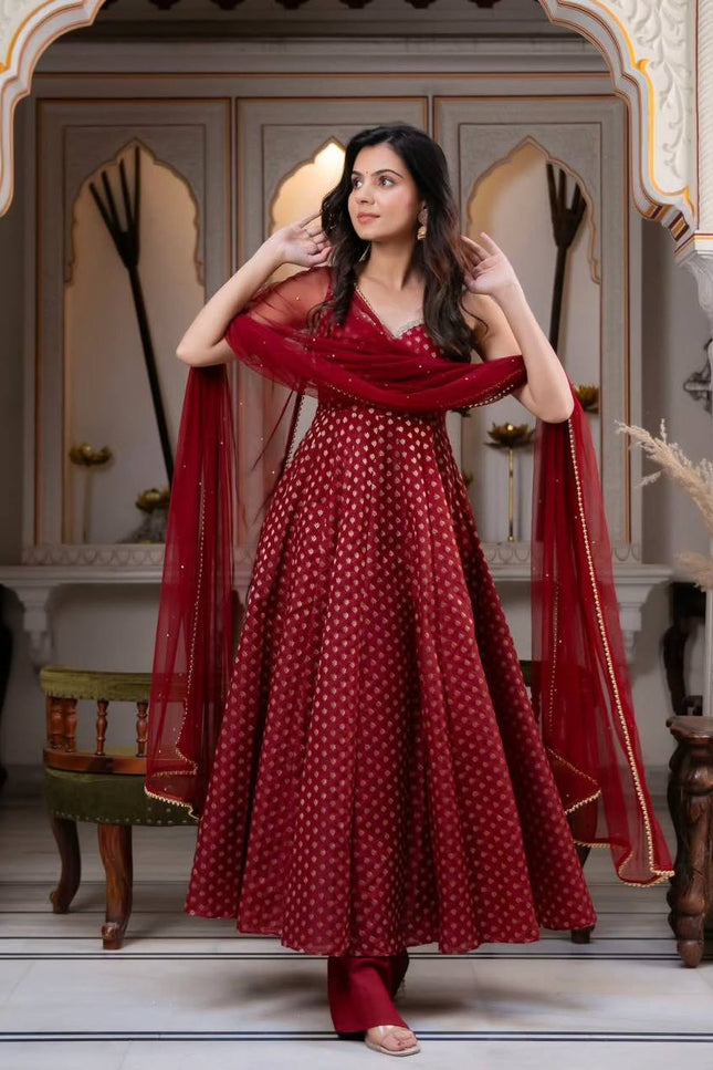 Chanderi Jacquard Butti Anarkali Set | Fancy Lace & Pearl Dupatta | Festive 3-Piece - Rosepetals Luxe
