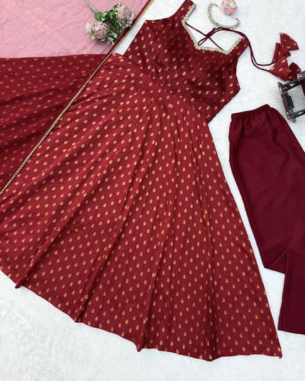 Chanderi Jacquard Butti Anarkali Set | Fancy Lace & Pearl Dupatta | Festive 3-Piece - Rosepetals Luxe